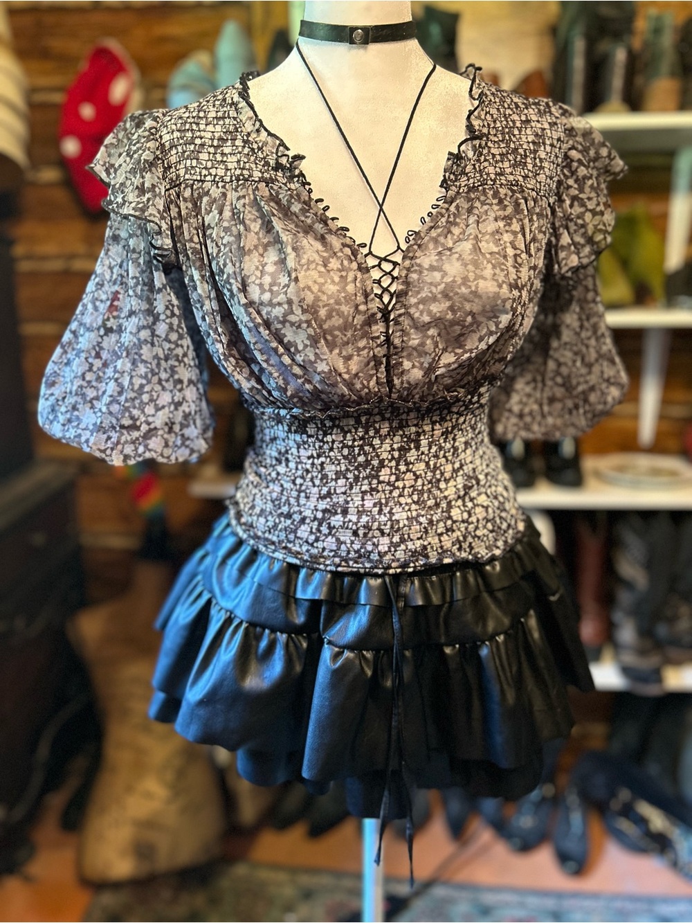 Free People Sheer Floral Corset Blouse Vintage Ruffle Sleeve Gray Black XS